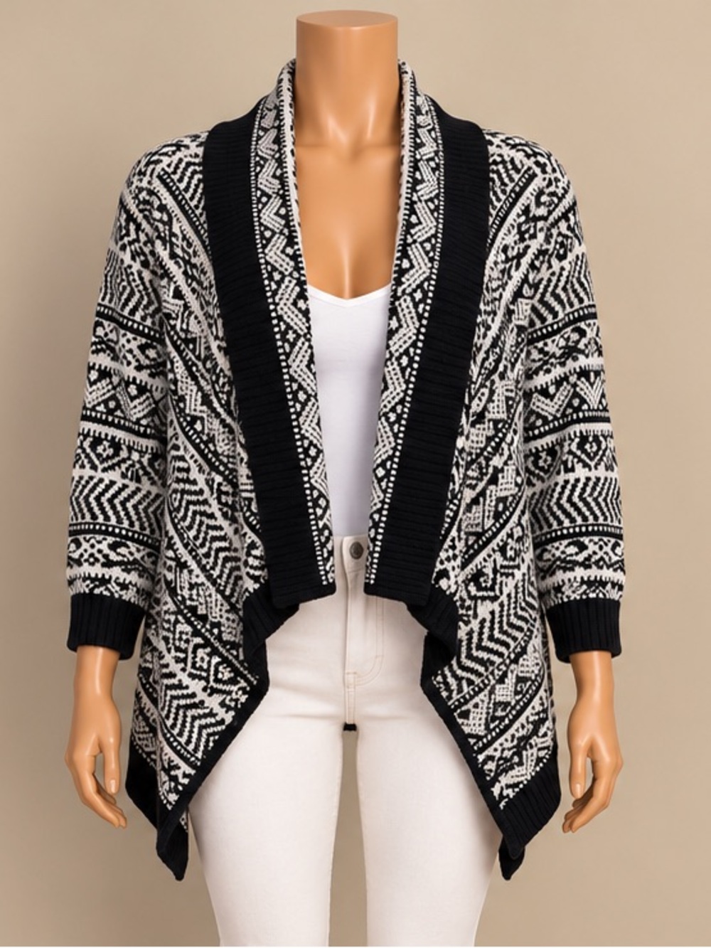 American Eagle Black White Geometric Fair Isle Draped Cardigan Sweater S